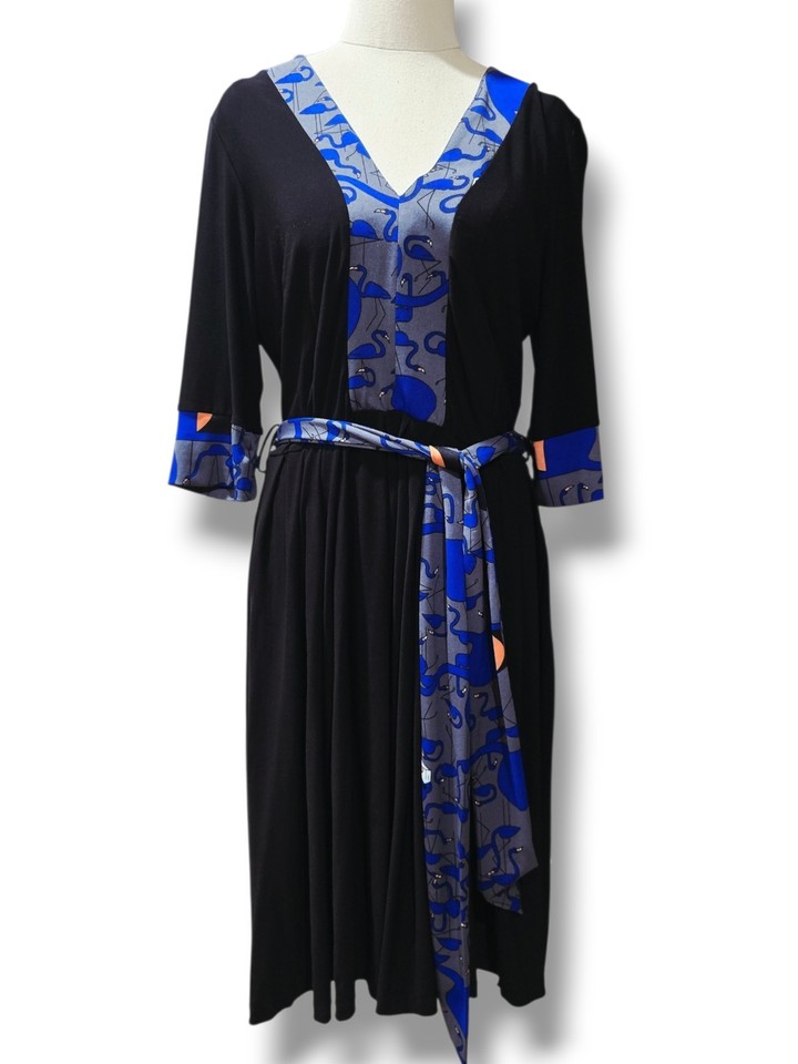 Lennie Edmiston Frocks Black Animal Print V-Neck 3/4 Sleeve A-Line Dress Sz 2
