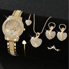 6pcs Women Rhinestone Watch Jewelry Set Golden Tone Sparkling Quartz Heart Gift