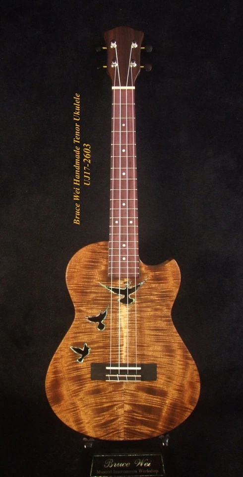 Handcrafted Tenor Ukulele Solid Curly Acacia Mahogany, Doves Soundhole UJ17-2603 - Image 2 of 4