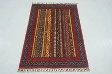 3x4 ft Red Turkish Shawl Striped Hand Knotted Wool Tribal Area Rug