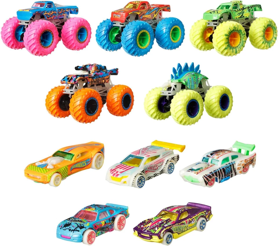 - Monster Trucks Fluo Set Con 10 Veicoli, 5 Monster Trucks E 5 Macchinine in Sca - Immagine 2 di 4