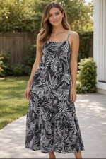 Banana Republic Tiered Chiffon Maxi Dress SIZE L Black White Tropical Leaf Boho