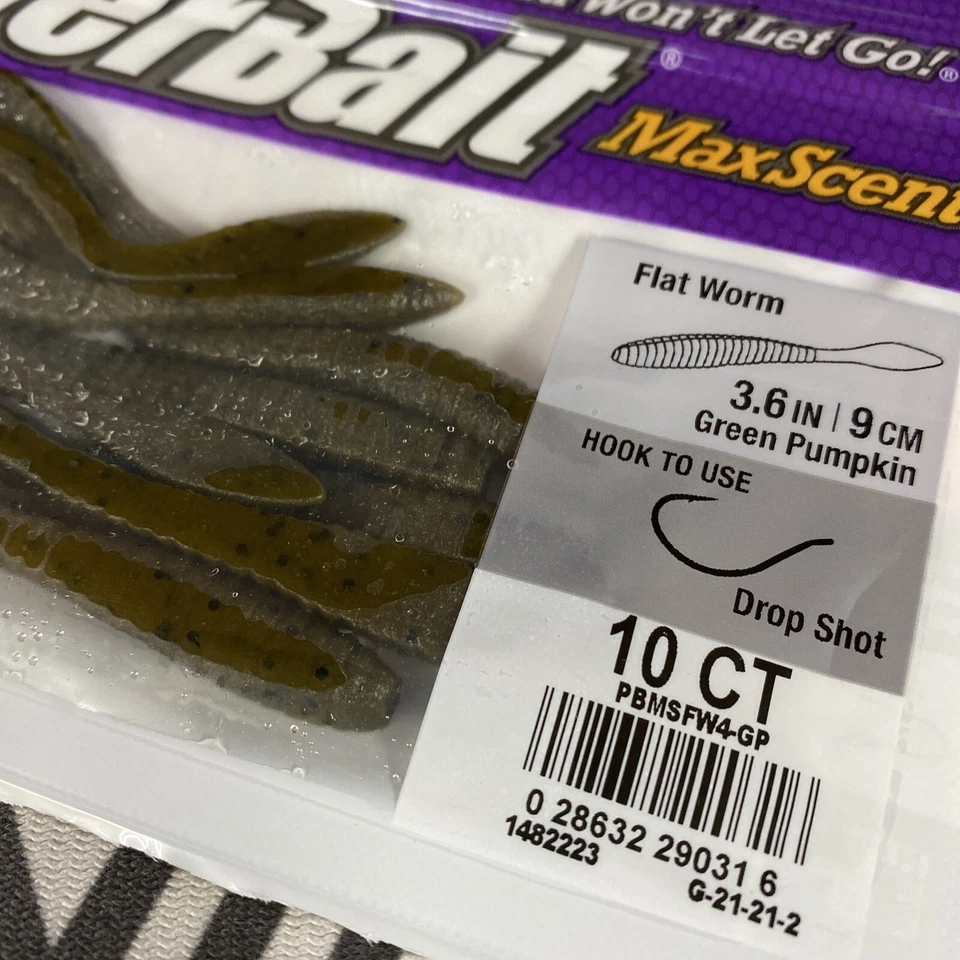 Berkley PowerBait MaxScent Flat Worms 3,6” Green Pumpkin Dropshot (2 pacotes!) - Imagem 2 de 3