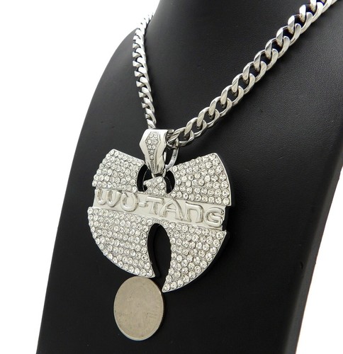 Large WU TANG Cubic Zirconia Charm Stainless Steel Cuban Chain Hip Hop Necklace - Picture 2 of 18