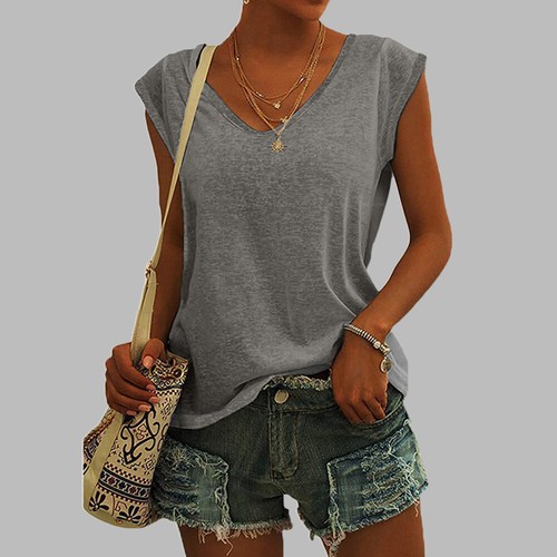 Womens V-Neck Tank Tops Summer Sleeveless Casual Loose Plain T-Shirt Cami Vest - Picture 6 of 24