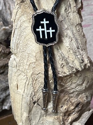 3 Crosses cross Silver Lariat Bolo Tie Western Cowgirl Cowboy Southwest black wh