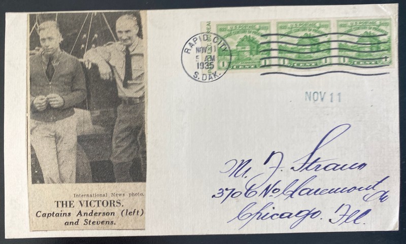 1935 Rapid City SD USA Stratosphere Balloon Flight Postcard Cover Capt Anderson