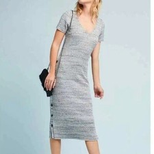 Anthropologie Postmark Heathered Gray V-neck Short Sleeve Side Button Midi Dress