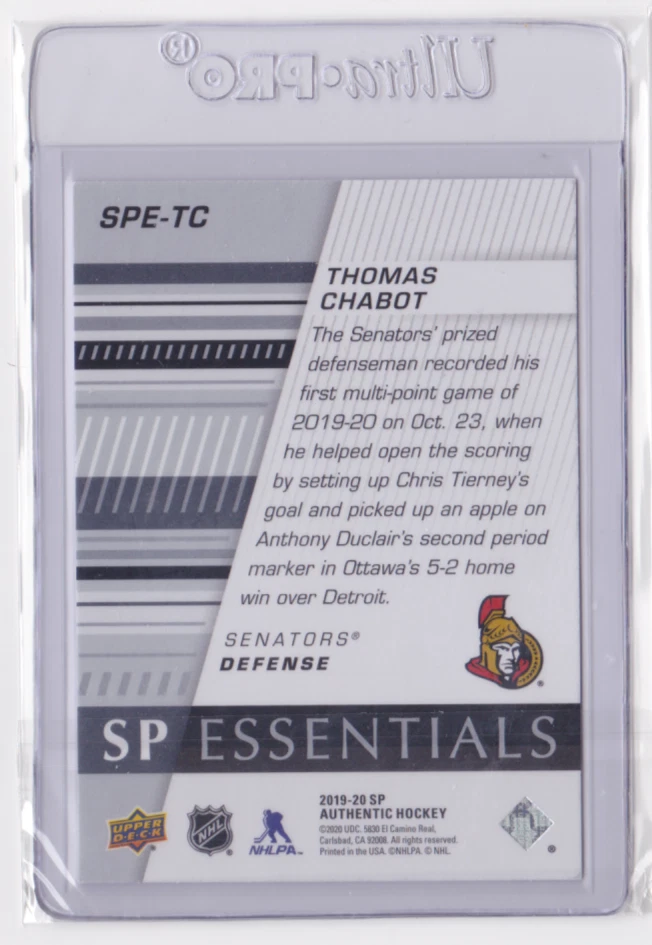 2019-20 UD SP AUTHENTIC SP ESSENTIALS THOMAS CHABOT #SPE-TC OTTAWA SENATORS - Image 2 of 2