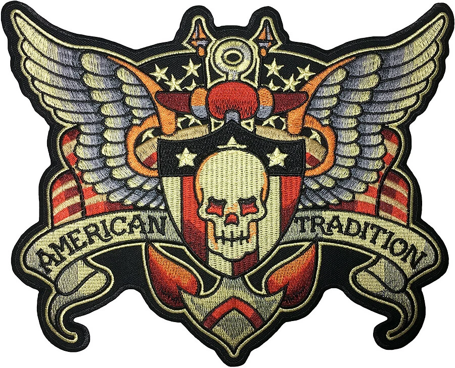 LARGE SIZE AMERICAN TRADITION SKULL Wings USA Flag Anchor Vest Sew Iron on Patch
