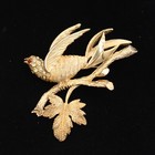 Vintage Bird on a Branch Brooch Pin w/ Rhinestones Gold Tone Oak Leaf