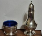 Wallace #79 Floral Sterling Open Salt Cellars with Cobalt & Pepper Shaker(s)