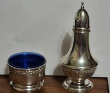 Wallace #79 Floral Sterling Open Salt Cellars with Cobalt & Pepper Shaker(s)