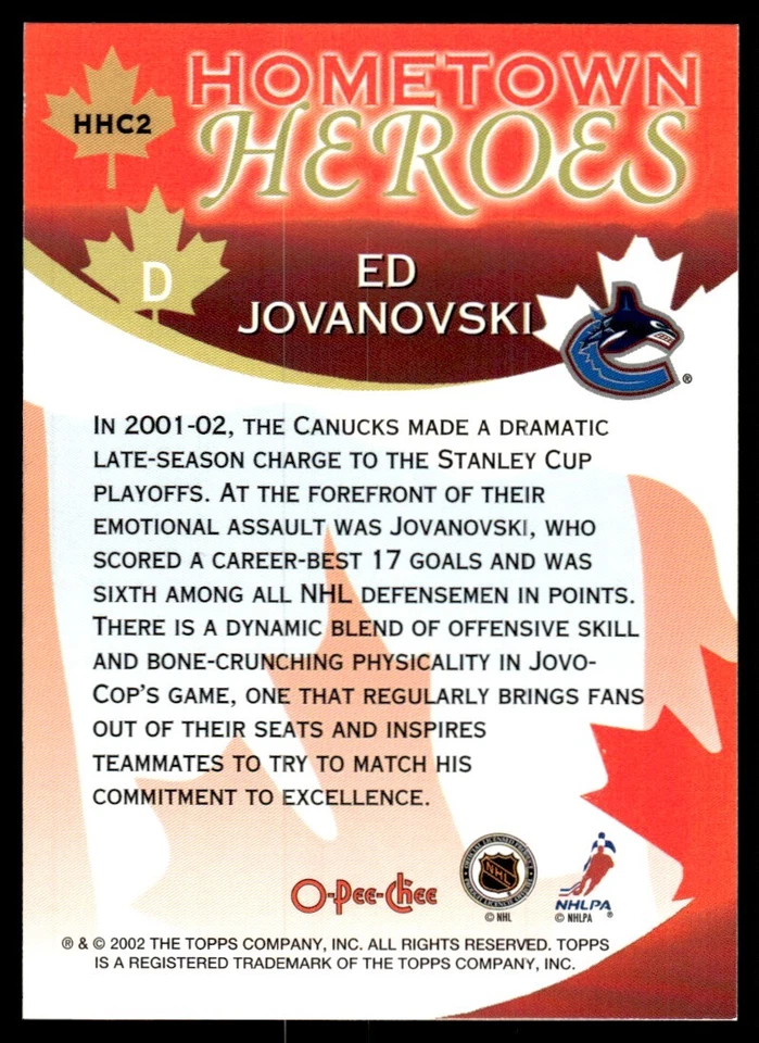 2002-03 O-Pee-Chee Hometown Heroes Ed Jovanovski Vancouver Canucks #HHC2 - Image 2 of 2