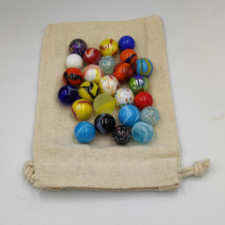 Round Glass Marbles in Cotton Drawstring Bag – Mixed Colours, Designs & Sizes 