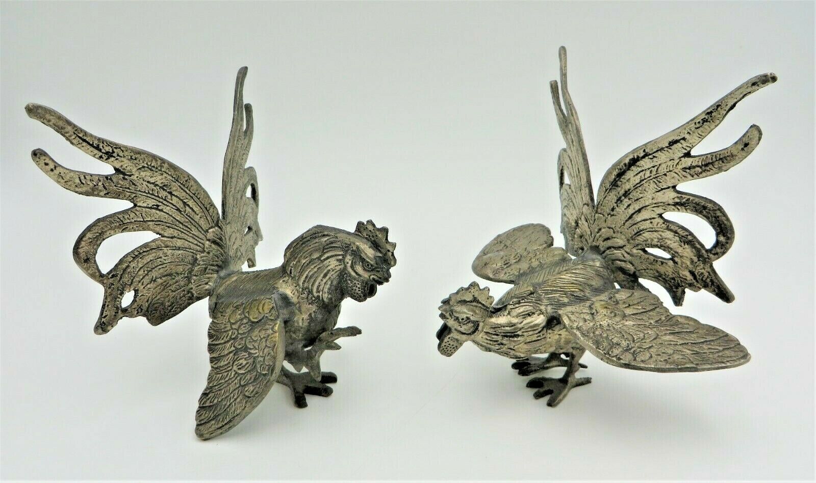 Vintage Pair of Silver Plate Metal Fighting Cocks Roosters Figurines