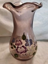 FENTON Teleflora 8" Ruffled Purple Amethyst Glass Vase, Hand Painted Floral