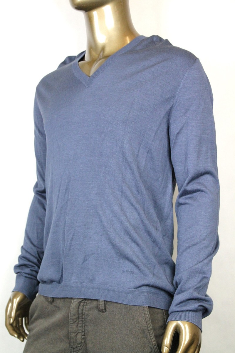 NEW Authentic Gucci Mens Dark Blue Silk V-Neck Sweater