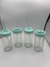 4 Ball Sip & Straw SPIRAL JARS Glass Drinkware W/ Lid & Straw 16 Oz--BPA Free