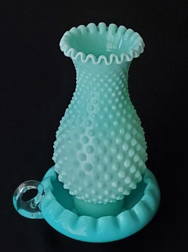 Fenton Turquoise Hobnail Hurricane Finger Loop Chamber Candle Holder RARE