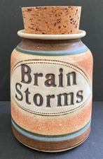 Vintage Brophy Clay Jar "Brain Storms" Jar, 1981, Cork  Top, Approx, 6x4x4