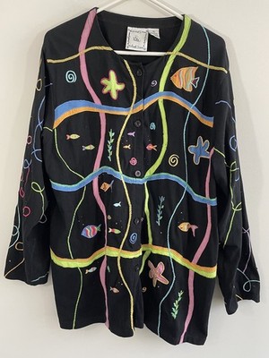 Michael Simon Cardigan Under Sea Fish Womens sz XL Long Sleeve Button Up black