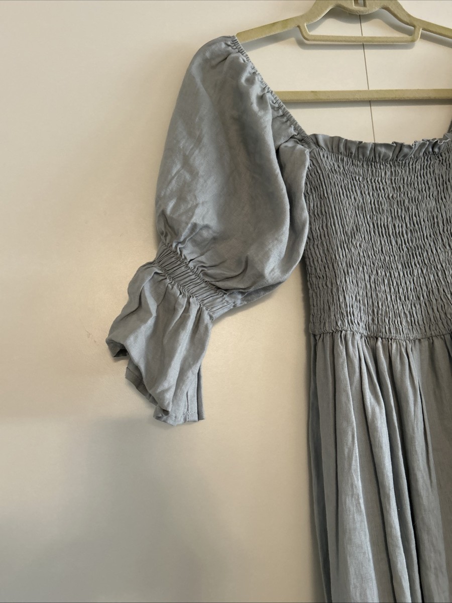 dissh blue linen dress DISSH Dress Womens Blue 100% Linen Smocked Maxi Dress 3/4 Ballon Sleeve Sz  6