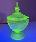 Green Depression uranium glass candy dish Princess pattern Lid Cracked See Pics