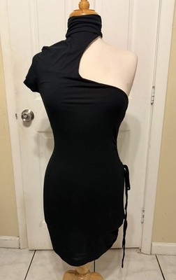 I.AM.GIA Black Bodycon Short Dress High Neck One-Shoulder Cutout S