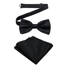 Bow Ties for Men Solid Color Pre-tied Bow Tie Pocket Square Set 01 Black