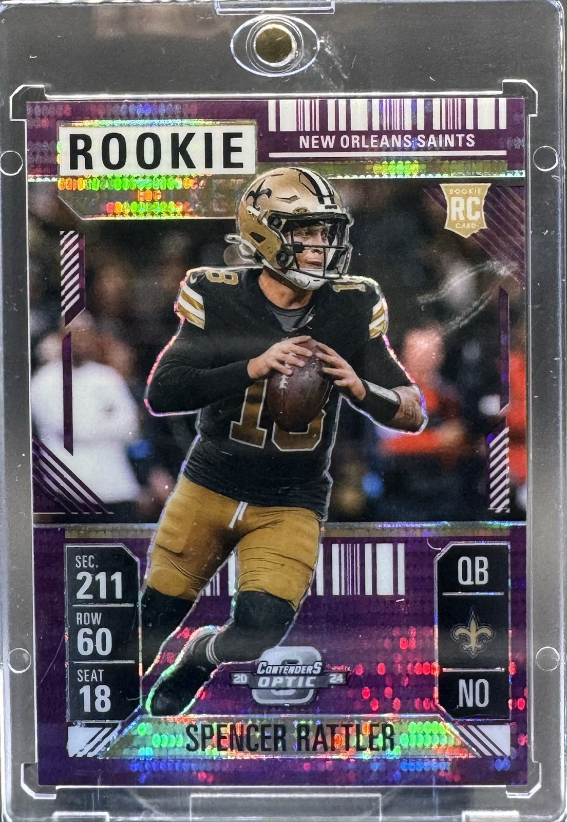 2024 Contenders Optic RC Ticket Spencer Rattler #95 Purple Pulsar Prizm /37 RC