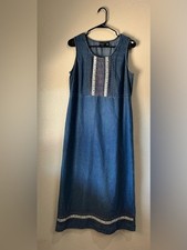 Erika Dress Denim Jumper Sz L Sleeveless Floral lace Trim Slit Modest TC0317