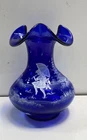 Fenton 100th Anniversary Ruffled Vase Cobalt Blue Hand Painted Fairy 6.5 Inch