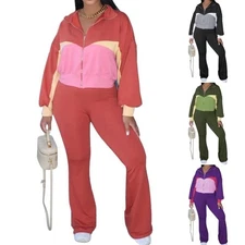 Womens 2Pcs Outfit Long Sleeve Tracksuit Zip Up Crop Jacket Flare Pants Y2K Sets