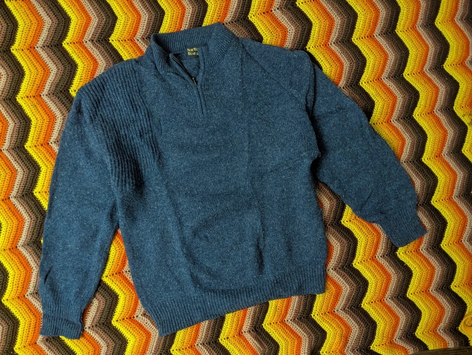 Suéter masculino pequeno pendleton NorWester Wear mistura de lã quarto de zíper azul S h105 - Imagem 2 de 4