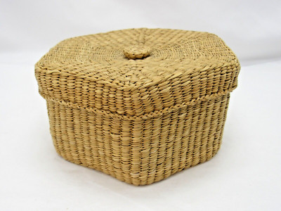 Vintage Lidded Basket Hexagon Hand Woven Sweet Grass Boho Decor 6.5''