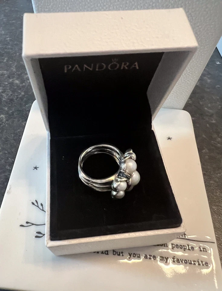 Rare Genuine Pandora Silver Wishful Thinking Pearl Cluster Ring Size 50 In Box - Image 2 of 4