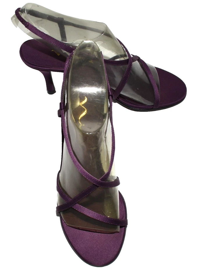 Nina Tela Púrpura Tirantes Punta Abierta Suelas de Cuero Tacones Cordones Talla 7 M Foto 3 de 4
