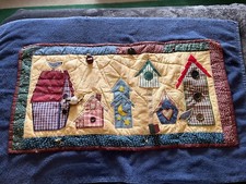 Quilted Birdhouse Banner Wall Hanging 33x18  Country Decor Fabric Buttons