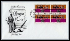 US FDC # 1265 5c Magna Carta Artmaster block  1965, 9L434