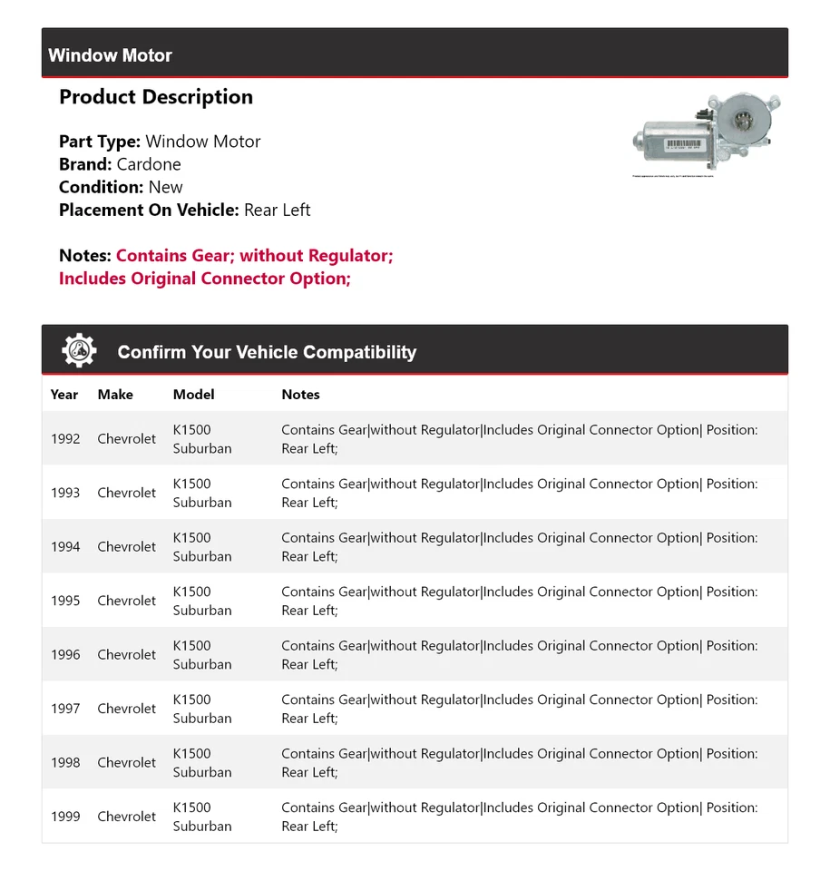Para Chevrolet K1500 1992-1999 Suburban Ventana Motor Trasero Izquierdo Cardone 1993 1994 Foto 2 de 4