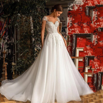 Illusion Neck Cap Sleeves Lace Applique Button Back Pleats A-Line Wedding  Dress | eBay