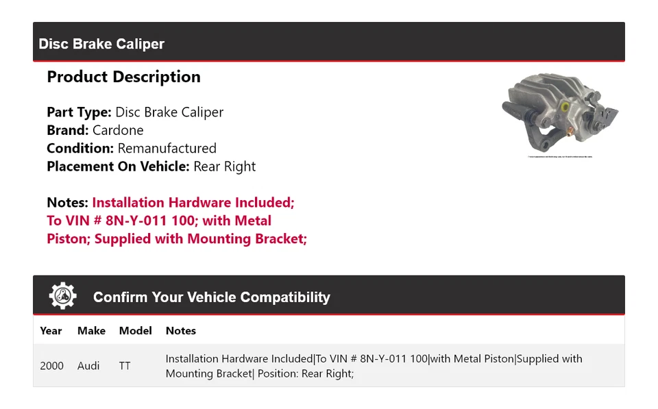 Pinza de freno de disco trasera derecha cardone para Audi TT 2000 Foto 2 de 4