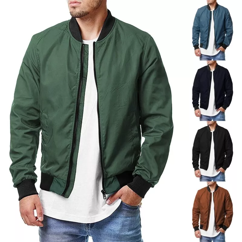 Mens Long Sleeve Bomber Jacket Casual Zip Up Coat Open Front