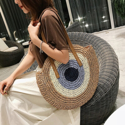 Handmade Large Capacity Round Zipper Fashionable Straw Summer Beach Travel  Bags
