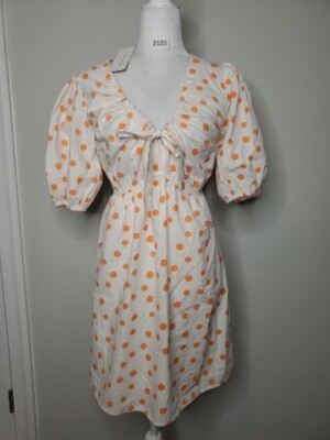 NWT SIM & SAM V-Neck Puff Sleeve Mini Dress Polka Dot White Orange Size  Medium | eBay