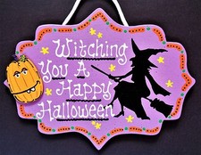 WITCHING YOU A HAPPY HALLOWEEN Sign Pumpkin Wall Hanging Witch Plaque Seasonal