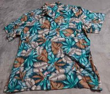 Vintage Hawaii Blues Shirt Men's XL Green Brown Floral Button Up Made in the USA