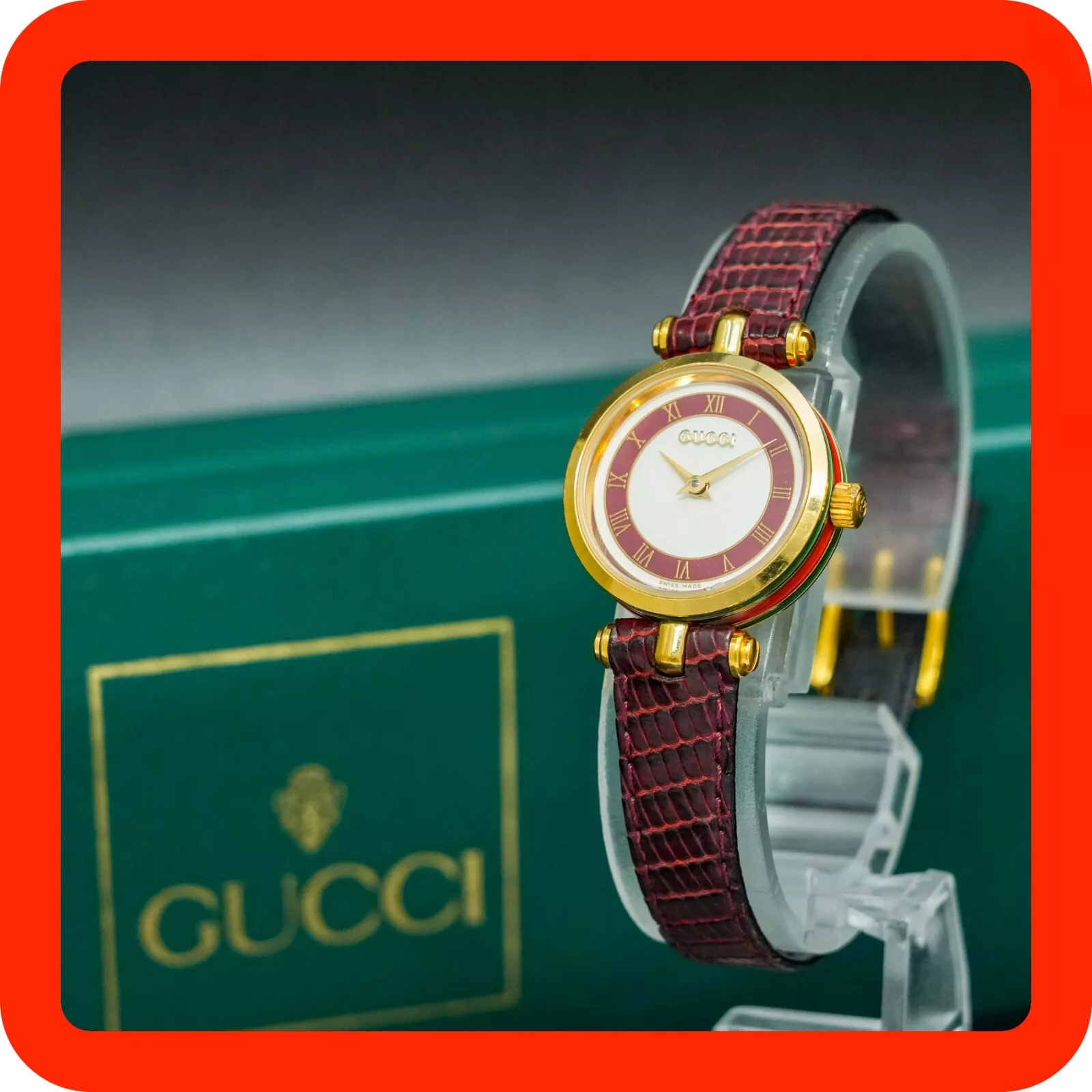 Montre femme vintage [NEUF EN BOÎTE] GUCCI 2000L or rouge sherry ligne ronde quartz