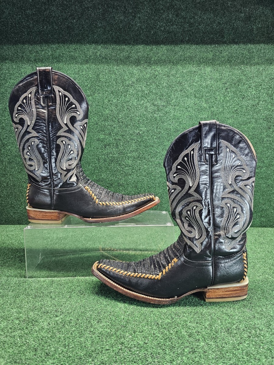 La Mexicana Pull-On Boots Men Sz Black Leather Stamp Embroidery Cowboy  Western
